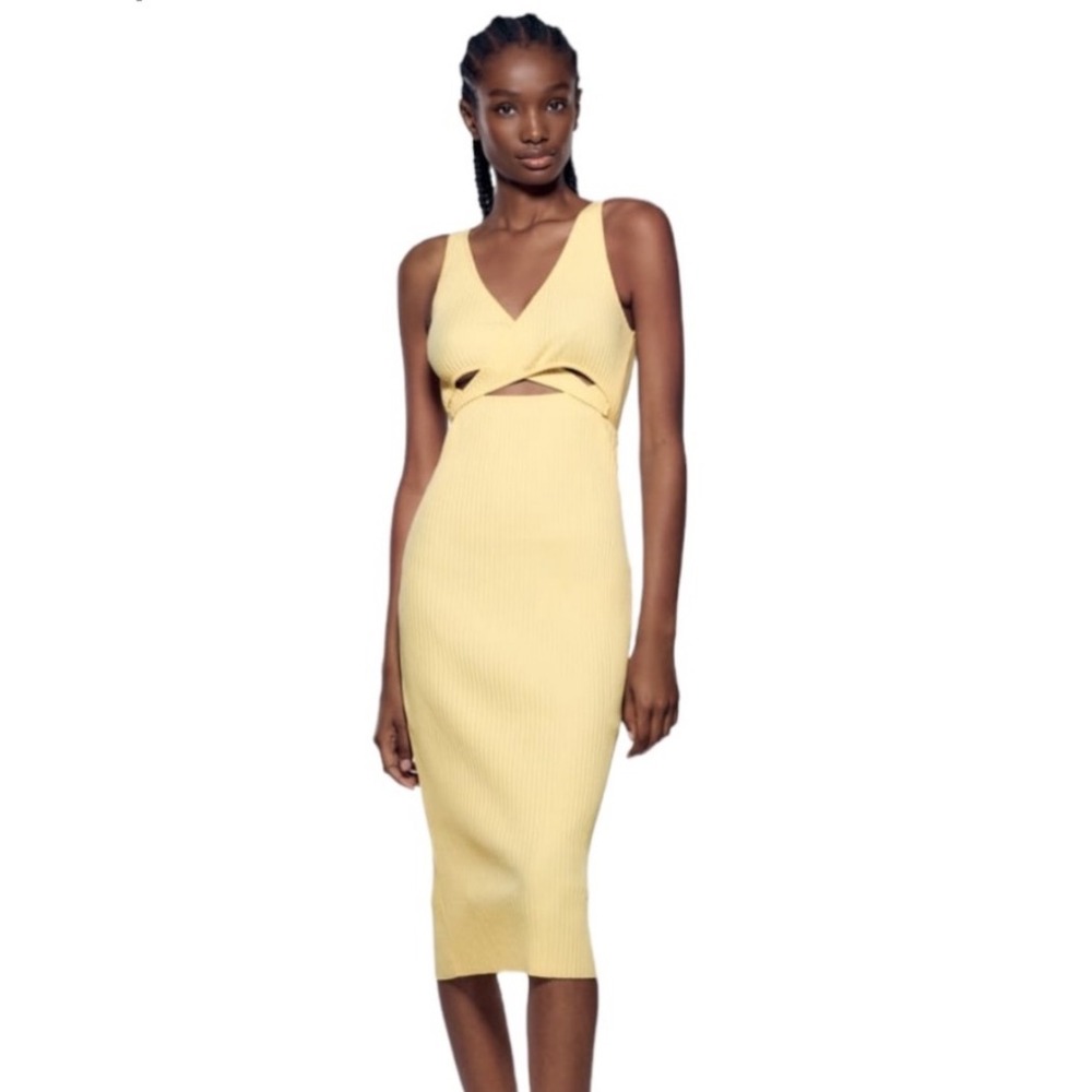 Zara Butter Yellow Bodycon Cut Out Midi Dress M‎